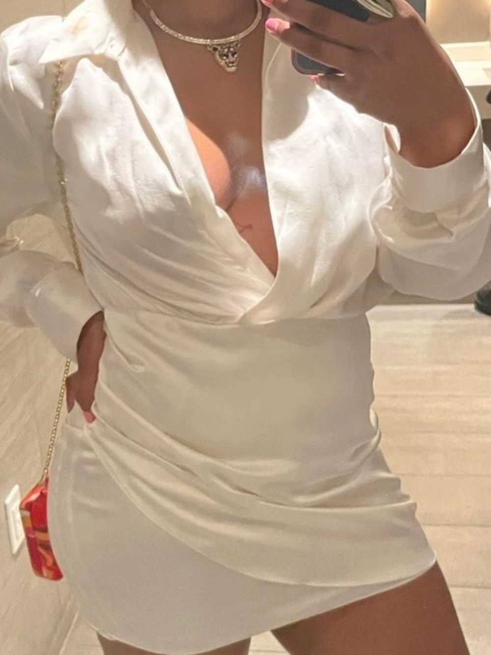 Cream Satin Draped Wrap Mini Dress